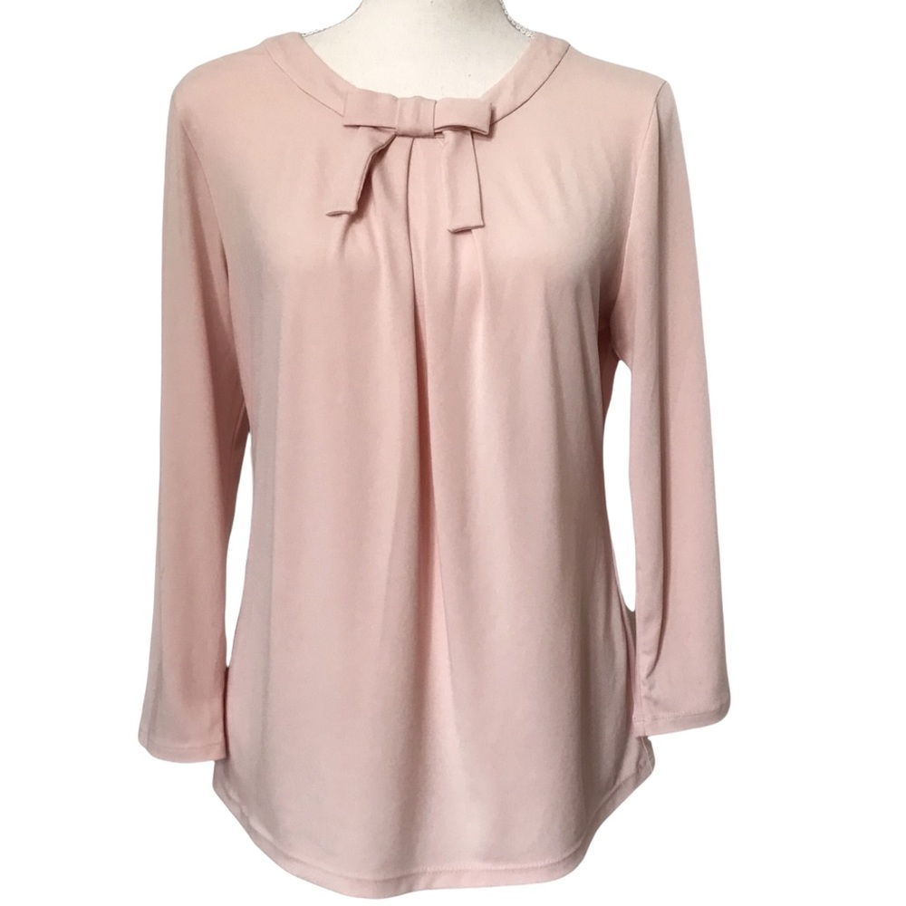 KARL LAGERFELD PINK  BLUSH LONG SLEEVE BLOUSE WITH BOW TIE COLLAR DESIGN - SMALL